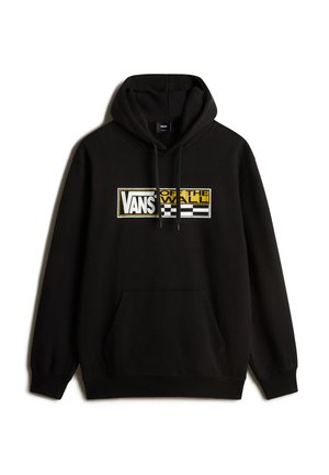 Zwarte hoodie van een katoenmix, met een voorzak. Grafisch ontwerp met "VANS" in wit en geel, met een geblokt patroon.