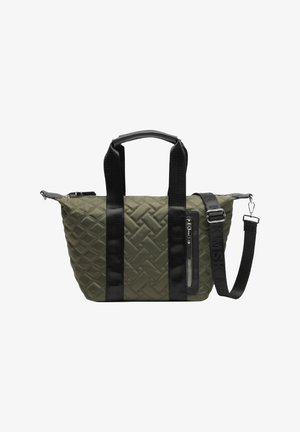 Sac à main matelassé vert avec poignées noires, poche avant zippée et bandoulière noire amovible avec fermoirs métalliques.