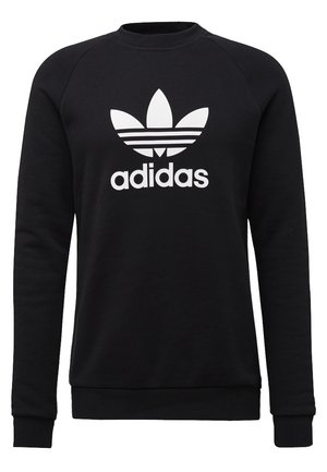Schwarzes Sweatshirt mit langen Ärmeln, das ein weißes Adidas-Trefoil-Logo und den Text "adidas" zentriert auf der Vorderseite zeigt.