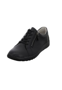 Des baskets en cuir noir présentent une surface texturée, des lacets traditionnels et une fermeture éclair sur le côté pour un accès facile. Doublure intérieure douce incluse.