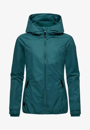 Giacca da donna con cappuccio color verde petrolio, zip frontale, polsini elastici e due tasche laterali con zip.