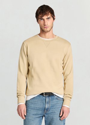 Light beige sweatshirt with a round neckline and long sleeves, featuring a textured stitch detail at the collar; worn over a white shirt.