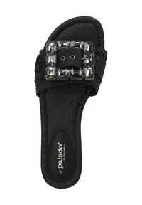Sandale glissante noire avec un dessus текстuré, ornée d'une boucle en rhinestones rectangulaire. Présente une semelle plate et une semelle intérieure rembourrée.