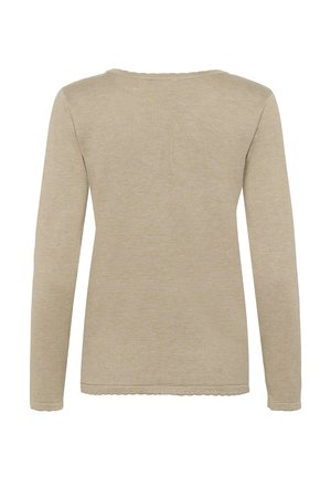 Beige long-sleeve sweater with a round neckline, ribbed texture, and scalloped hem detail. Soft material, no visible patterns or hardware.