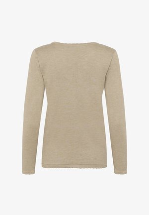 Beige long-sleeve sweater with a round neckline, ribbed texture, and scalloped hem detail. Soft material, no visible patterns or hardware.