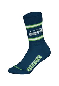Granatowa skarpetka z logo Seattle Seahawks, zielono-białe paski oraz tekst "SEAHAWKS" wzdłuż podeszwy.
