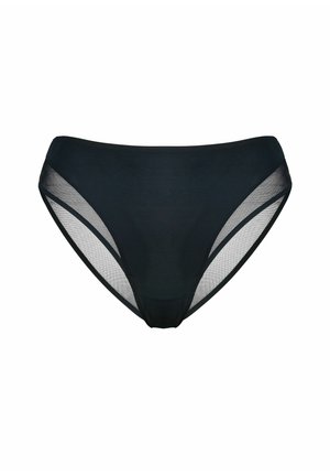 Čierne dámske spodné prádlo s vysokým pásom, priesvitnými sieťkovanými bočnými panelmi a pevným materiálom vpredu, zobrazené na bielom pozadí.