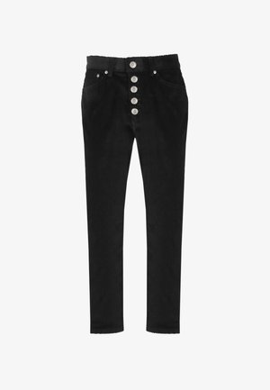 Pantaloni in corduroy neri con vita alta, cinque bottoni decorativi sul davanti e vestibilità slim. Presentano una sottile trama a righe verticali.