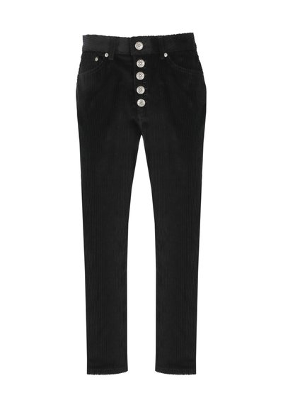 Pantaloni in corduroy neri con vita alta, cinque bottoni decorativi sul davanti e vestibilità slim. Presentano una sottile trama a righe verticali.