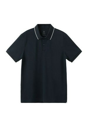 Schwarzes Polohemd mit kurzen Ärmeln, Zwei-Knopf-Knopfleiste und weißen Paspelierungen am Kragen, auf weißem Hintergrund präsentiert.
