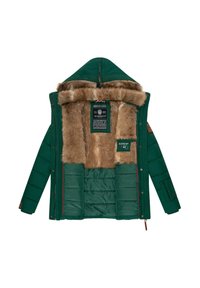 Grön vadderad jacka med en huva i fuskpäls. Har dragkedjestängning, innermärken och texturerad fuskpäls längs kragen och foder.