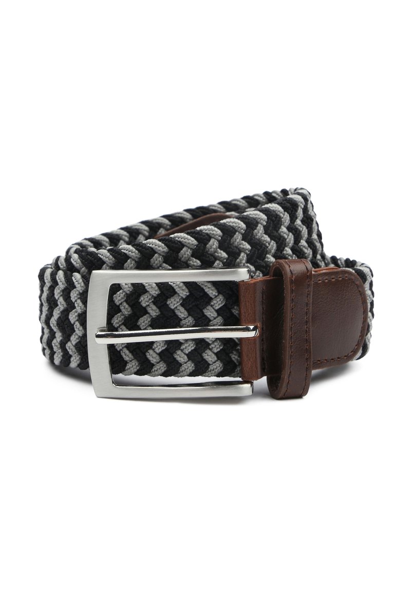 Woven belt in black and gray with a braided design. Features a silver metal buckle and brown leather accents for closure.