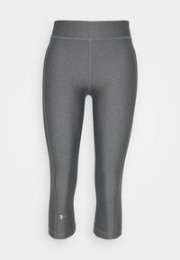 Szare legginsy capri wykonane z elastycznego materiału, o gładkiej teksturze i szerokim pasie, z logo Under Armour blisko krawędzi.