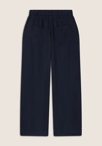 Pantalons large marine à taille élastique, avec deux poches arrière et un tissu lisse et léger. Sans motifs ni accessoires visibles.