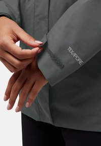 Grijze Texapore jas met een klittenbandsluiting voor de mouw. Glad, waterproof materiaal; close-up van een hand die de mouw aanpast met gepolijste nagels.