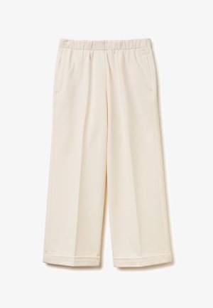 Cremefarbene, weit geschnittene Hose mit elastischem Bund, Seitentaschen und umgeschlagenen Säumen, flach auf weißem Hintergrund dargestellt.