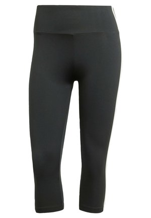 Μαύρο κολάν καπρί από ελαστικό υλικό, με φαρδύ λάστιχο στη μέση και λευκές ρίγες πλευρικά για αντίθεση και λεπτομέρεια.