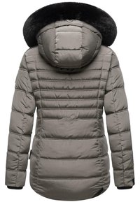 Grau gepolsterter Parka mit abnehmbarer schwarzer Kunstfellkapuze, horizontal gestepptem Design und gesticktem Logo auf der Rückseite.