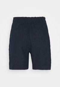 Short bleu marine avec taille élastique et deux poches passepoilées à l'arrière, présenté sur un fond blanc uni.