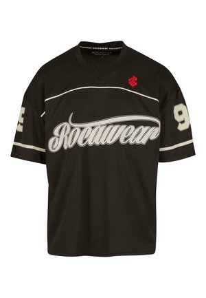 Black sports jersey with short sleeves, featuring a large "Rocawear" logo in silver and a red accent at the collar, with the number 99 on the sleeve.