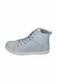 Light blue leather high-top shoes with white sole, featuring round laces, metal eyelets, and a small pull tab at the heel.