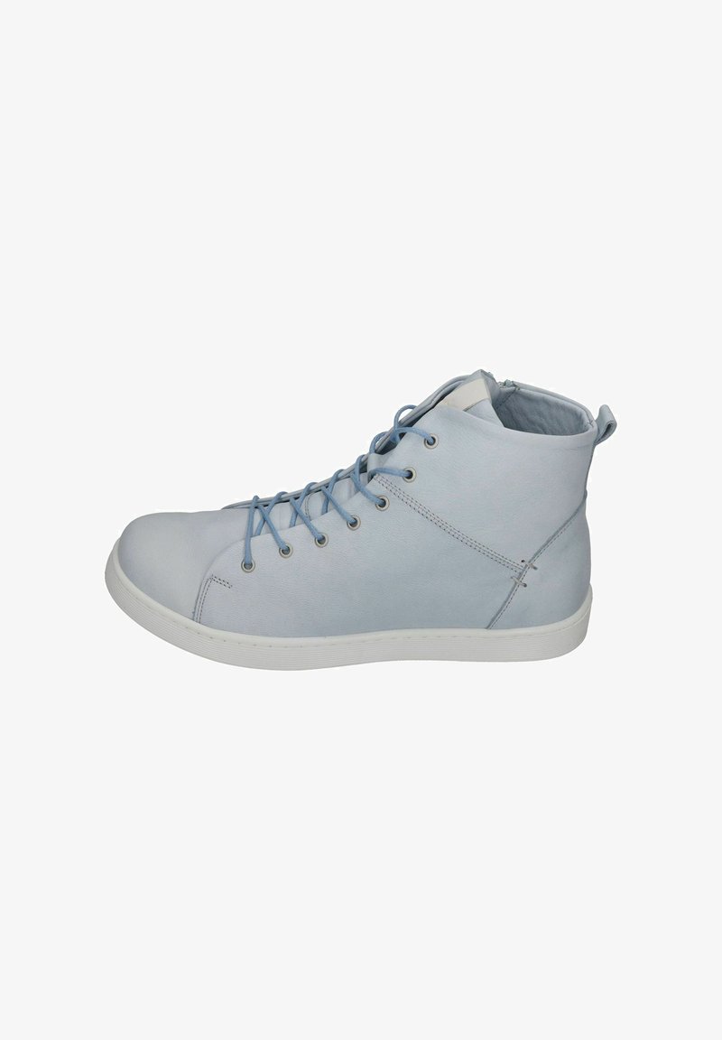 Light blue leather high-top shoes with white sole, featuring round laces, metal eyelets, and a small pull tab at the heel.