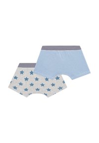Ensemble de sous-vêtements en coton comprenant deux modèles : l'un avec des étoiles bleues sur fond gris et l'autre avec des rayures bleues et blanches, tous deux avec une ceinture rayée.