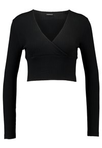 Schwarzes geripptes Langarm-Crop-Top mit tiefem V-Ausschnitt und Wickeldesign, das eine figurbetonte Silhouette und eine glatte Textur aufweist.