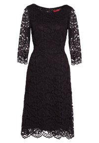 Schwarzes knielanges Kleid mit floralem Spitzenüberzug, dreiviertellangen durchsichtigen Spitzenärmeln, rundem Ausschnitt und gewelltem Saumdetail.