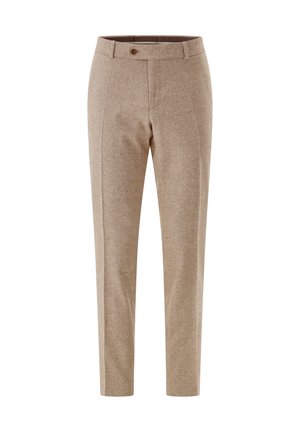 Beige wool-blend trousers with a straight leg, front creases, and a single button closure. Smooth texture and tailored design.