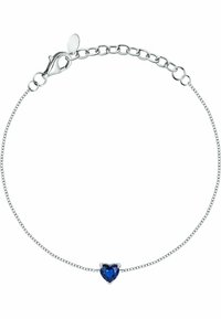 Braccialetto in argento con centrale a forma di cuore realizzato in una gemma blu, dotato di chiusura a moschettone e sottili maglie della catena.