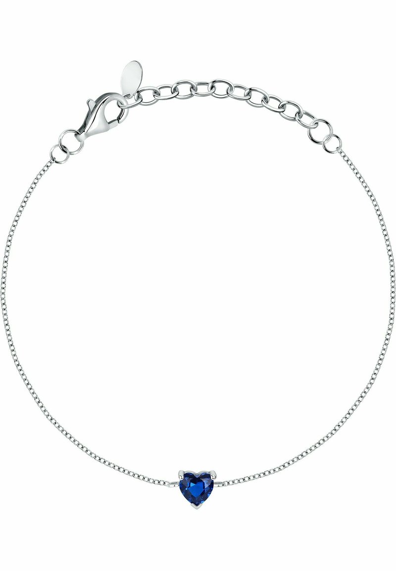 Braccialetto in argento con centrale a forma di cuore realizzato in una gemma blu, dotato di chiusura a moschettone e sottili maglie della catena.