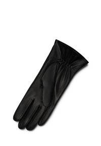 Zwarte leren handschoenen met een gladde textuur, aansluitend ontwerp, gathered pols en vijf vingertoppen voor gemakkelijke draagbaarheid en comfort.