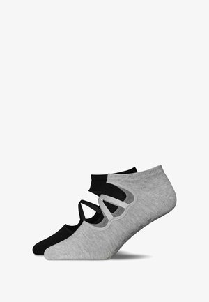 Twee paar enkelsokken, één in zwart en één in grijs. Elke sok heeft elastische bandjes aan de zijkanten, een gladde textuur en zit strak om de voet.