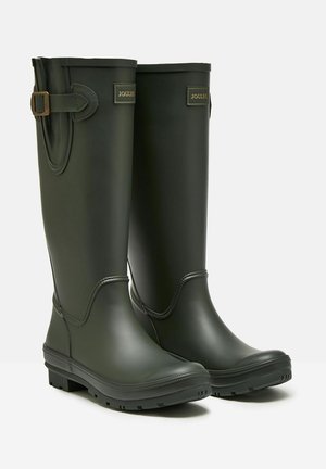 Grüne Gummiregenstiefel mit glatter Oberfläche, verstellbarer Schnallenverzierung an der Seite und einer stabilen, profilierten Sohle für guten Halt.