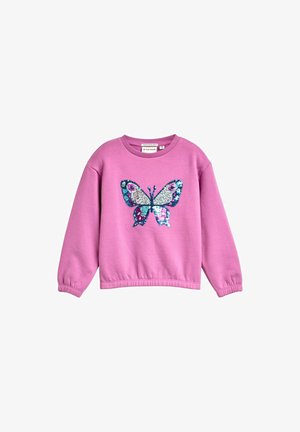 Roze sweatshirt met lange mouwen en een geribbelde halslijn. Heeft een multikleurige vlinderontwerp van pailletten in het midden.