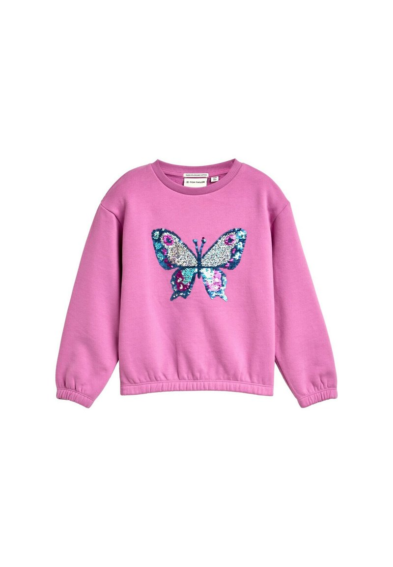Rosa Sweatshirt mit langen Ärmeln und geripptem Ausschnitt. In der Mitte befindet sich ein mehrfarbiges Schmetterlingsdesign aus Pailletten.