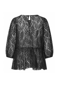 Sort blonde bluse med et bølget mønster, peplum bund, lange ærmer og en nøglehulslukning bagpå. T tekstureret og semi-transparent.