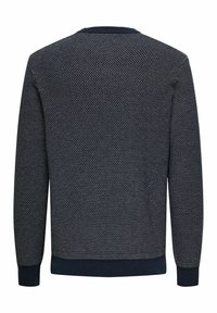 Pull en maille bleu foncé à manches longues avec un motif nid d'abeilles texturé, poignets, encolure et ourlet côtelés, vu de dos.