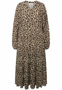 Robe imprimé léopard avec un décolleté en V, des manches longues, une fermeture à boutons et une jupe à volant. Fabriquée dans un tissu doux et léger de couleur marron et beige.