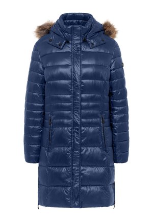 Granatowa kurtka puchowa z kapturem i sztucznym futrem, z poziomymi pikowaniami, dwoma zasuwanymi bocznymi kieszeniami oraz detalami na zatrzask.