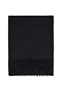 Écharpe noire rectangulaire en tissu doux, avec un bord frangé d'un côté. Texture lisse sans motifs ni détails supplémentaires.