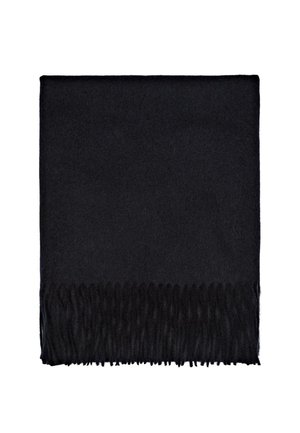 Écharpe noire rectangulaire en tissu doux, avec un bord frangé d'un côté. Texture lisse sans motifs ni détails supplémentaires.