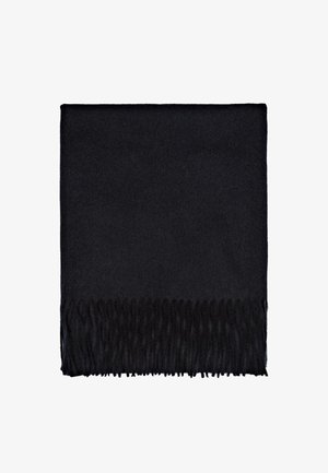 Black rectangular scarf made from soft fabric, featuring a fringed edge along one side. Smooth texture without patterns or additional details.