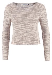 Maglione in maglia grigio chiaro con maniche lunghe, scollatura rotonda e un motivo testurizzato. Presenta un design cropped e dettagli a coste all'orlo.
