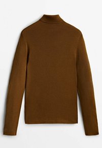 Pull col roulé en laine marron à manches longues, tissu uni texturé, posé à plat avec les manches étendues.