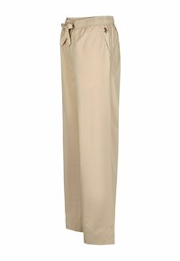 Beige, ľahké, dlhé nohavice s elastickým pásom, detailom šnúrky a vyšívaným logom po boku. Hladká textúra a priamy strih.