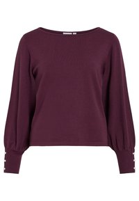 Bordeauxrode gebreide trui met een brede halslijn, lange ballonmouwen en knoopaccenten bij de manchetten. Zachte textuur en een ontspannen pasvorm.