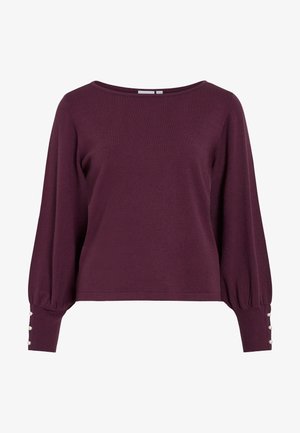 Bordeauxrode gebreide trui met een brede halslijn, lange ballonmouwen en knoopaccenten bij de manchetten. Zachte textuur en een ontspannen pasvorm.