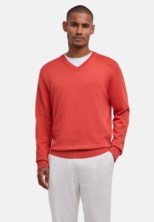 Mann trägt einen korallenroten V-Ausschnitt-Pullover über einem weißen Hemd mit weißen Hosen, steht mit einer Hand in der Tasche vor einem einfarbigen Hintergrund.